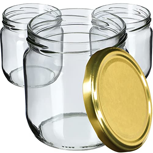 KADAX 48st Einmachgläser 425ml mit Schraubdeckel fi82 mm für Einlegen, Einmachen, Konservieren und Mahlzeitenvorbereitung - Luftdichte Twist-off Gläser (Gold/48 St.)