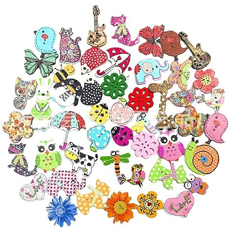 50 st djurknappar, träknappar, blandade färger tecknade knappar, hantverk barnknappar för sömnad scrapbooking