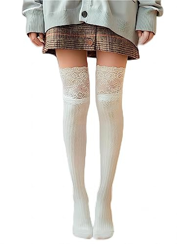 KAHEGIND Large Lace Knee High Socks High Thigh Socks Lace Top Cotton Long Stockings Over the Knee Leggings (One Size, white)