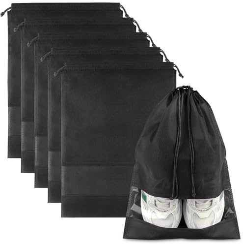 Large Black Travel Shoe Bags - 5 Pcs with Clear Window, Non-Woven Drawstring, 12.6 X 17.3 for Men Women