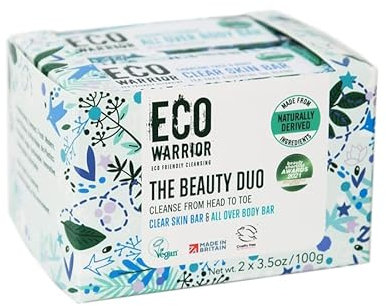 Eco Warrior Beauty Duo Pack Soap Bar - Charcoal Clear Skin Facial & All Over Body Bar | Vegan, Cruelty Free, No SLS or Parabens | Cleansing Charcoal & Moisturising Shea Butter | Gift Pack 100g x 2