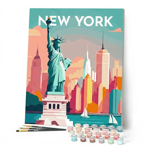 Figured'Art Dipingere con i Numeri con Telaio - Paint by Numbers Poster di viaggio a New York, Passatempo per Adulti, Kit Completo, Hobby Creativi - Quadri fai da te 40x50cm Tela Già Incorniciata