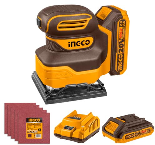 INGCO 20V Cordless 1/4 Sheet Sander 12000RPM Electic Orbital Sander with 1Pcs 2.0Ah Battery and 1Pcs Charger CSHSLI20141