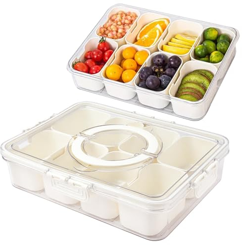 Divided Serving Tray with Lid,Portable Fruit Box,Snack Container,Reusable Fruit and Vegetable Tray,Snack Serving Tray with 8 Compartments For Parties,Hiking,Camping,Fruits,Nuts,Candies,Cookies,Snacks