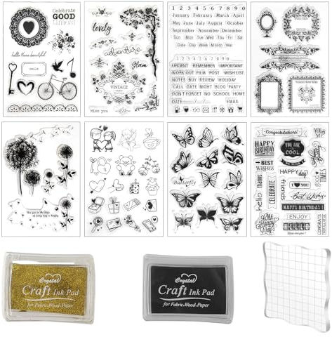DONQL 8 Silikonstempel Set mit 2 Stempelkissen, Silikon Stempel mit Acrylblock, Stempel Sprüche Deutsch Clear Stamps, Silikon Stempelset zum DIY Hochzeitseinladung Weihnachten Journal Scrapbooking