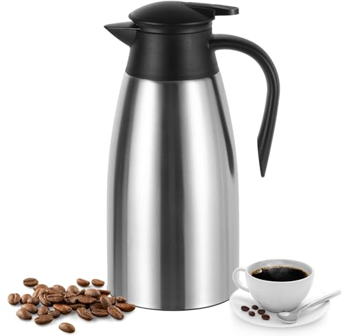 Esilihom 2L Thermal Carafe Jugs, Double-Walled Vacuum Carafe Jug, Stainless Steel Thermal Carafe with Handle, Warm & Cold Retention for Coffee, Tea, Water, Drink (Silver)
