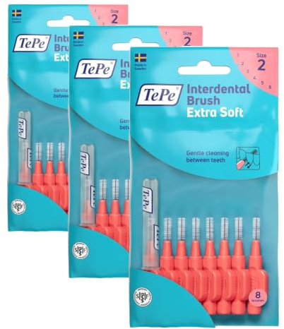 TePe Interdental Brushes Red Extra Soft (0.5mm - Size 2) / Simple and Effective Cleaning of interdental Spaces / 1 x 8 Brushes (Pack of 3)