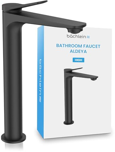 Bächlein Badarmatur Aldeya hoch in modernem Design, extra hoher Einhebelmischer für Aufsatzwaschbecken mit Montage-Set, Bad Wasserhahn Schwarz Matt