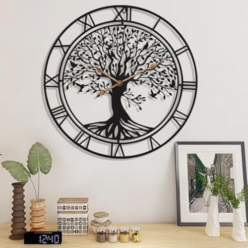 Grand Arbre de Vie Horloge Murale en Métal Noir - Décoration d'Intérieur Salon Avec Chiffres - Silencieuse du Milieu du Siècle - Moderne Arbre Familial