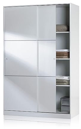 duehome | Armario de 2 Puertas Correderas, Barra de Colgar y Estantes, Armario para Dormitorio, Modelo Show, Acabado en Blanco Brillo, Medidas: 120 cm (Largo) x 200 cm (Alto) x 50 cm (Fondo)