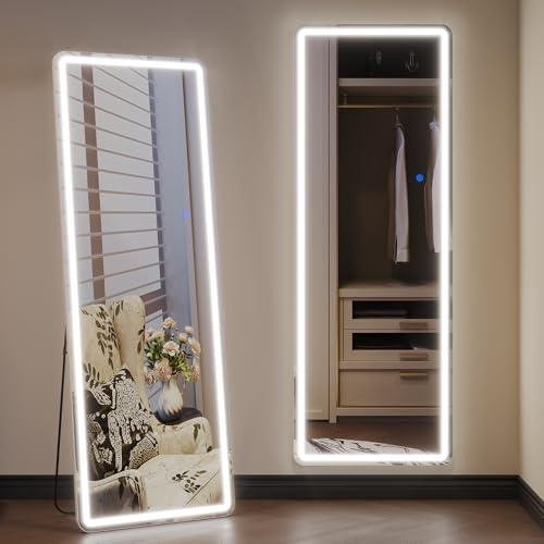 ZKIODV Espejo de Cuerpo Entero con luz LED, Pared Espejo con iluminación Ajustable 3 Colores, con Soporte para Dormitorio, salón, Pasillo, Grande Rectangular (Blanco 178 x 65 cm)
