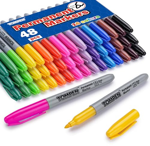TOMPEN Permanent Markers,Fine Tip,48 Pack Bulk,16 Assorted Colors,Waterproof Permanent Marker Pens with Quick Drying on Wood,Plastic,Paper,Metal,Mirror for Christmas Gift Drawing Writing Poster