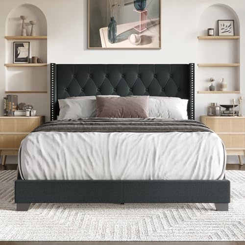 Castle Place King Button Tufted Wingback Linen Upholstered Bed, Charcoal Grey