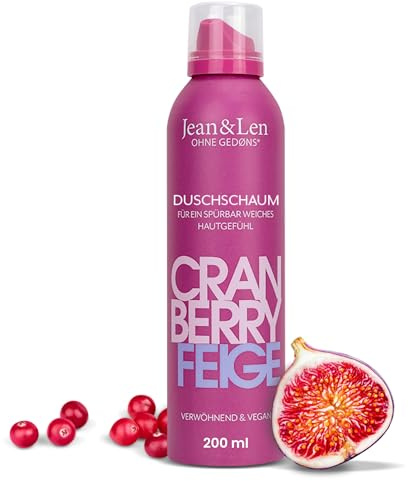Jean & Len Verwöhnender Duschschaum Cranberry & Feige, samtweiches Hautgefühl, fruchtiger Duft, Gel-to-Mousse Technologie, ohne Parabene & Silikone, vegane Schaumdusche, 200 ml