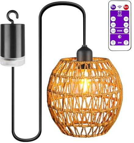 GBKDQQ Lámpara colgante inalámbrica de ratán con temporizador y mando a distancia: lámpara colgante vintage para balcón, terraza, dormitorio, lámpara decorativa de techo