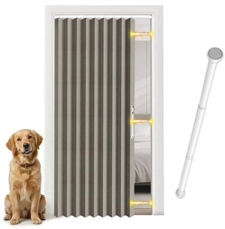 Cortina de puerta magnética opaca, sin perforación – Con varilla telescópica, diseño de acordeón para dormitorio y pasillo (Gris, 198 x 106 cm, pack de 1)