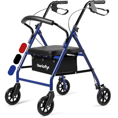Geriafy - Andador plegable con Asiento y Frenos de Maneta | Modelo Lambda | Rollator de 4 Ruedas (15 cm) y Cesto | Caminador Ligero Regulable en Altura (Azul)