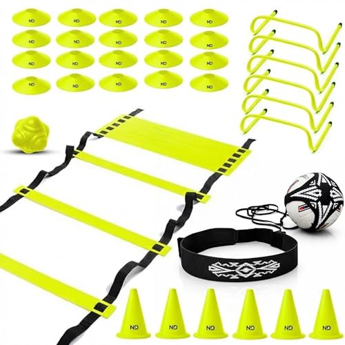 ND Sports Football Training Equipment – Agility Speed Ladder & Football Ladder Set, 4M Ladder with 10 Rungs, 6 Hurdles, 6 Cones, 20 Markers, Reaction Ball, Kick Trainer & Carry Bag