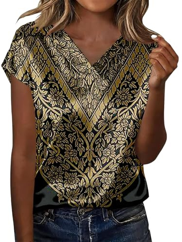 Leaomuny Camicia Raso Donna Fantasia Vintage Camicetta Elegante Curvy Slim Fit Scollo a V Blusa Seta Taglie Forti Maniche Corte Tops Eleganti Estiva Shirt Casual per Casa Camicie Riunioni Blouses