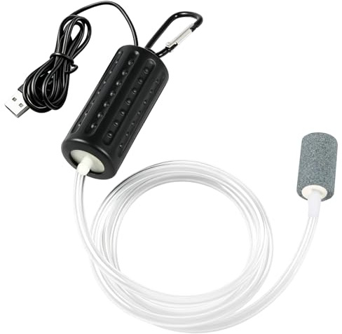 Mini USB Aquarium Air Pump Portable Ultra Silent Fish Tank Bubbler with Air Stone Silicone Tube Carabiner 1W Energy Saving Air Pump Oxygen Aerator Pumps for Small Fish Tanks Ponds Outdoor Fishing