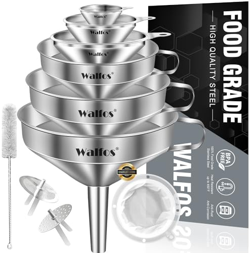Stainless Steel Funnel, Walfos 6 Different Sizes of Kitchen funnels with 2 Removable Strainer ïŒ 1Pcs Cleaning Brush, 200 Mesh Food Filter Strainer,for Transferring of Liquid, Oils, Jam, Powder