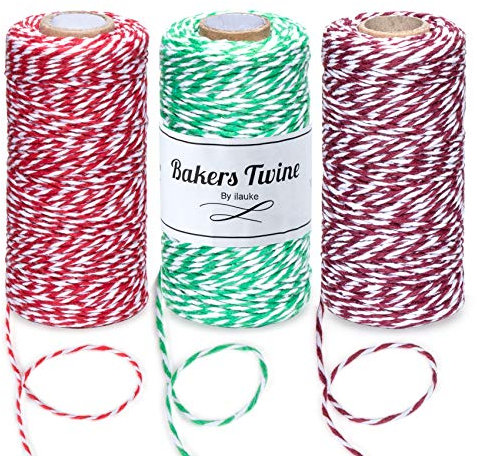 ilauke 300M Cotton String, Christmas Jute Twine, Craft Cotton Thread for Baking, Butchers, Crafts (Red + Green + Jujube)