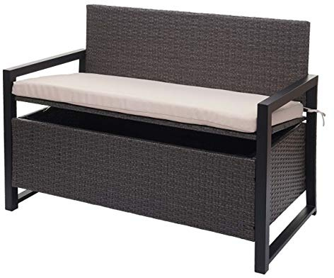 Mendler Banco de 2 plazas HWC-F39 de polirratán, banco de jardín, baúl, compartimento de almacenamiento, cojín de almacenamiento, color gris, cojín beige
