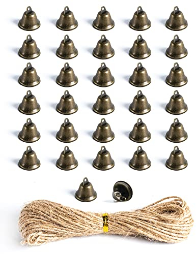 Small snail 32 Stück Vintage Bronze Glöckchen Mini Hängende Handwerksglocke mit 10m Juteschnur für DIY-Dekorationen, Christbaumschmuck, Windspiele, Nähen, Einbruch, Hundetöpfchentraining