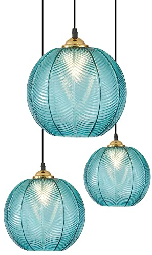 KCO Lighting moderne à 3 lumières bleues à rayures en verre Lustre nordique en grappe de boule de verre lustre vintage grand globe pendentif éclairage du milieu du siècle Cluster Island Light