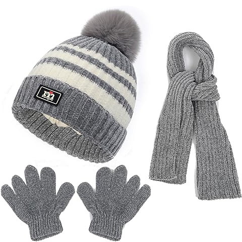 Enfants Tricotés Bonnet d'Hiver Écharpe Gants 3 en 1, Doublure Doux Pompon Bonnet Tricoté Chaud Cache-Cou Extensible Gants pour Garçons et Filles 2 à 8 Ans Ski Activité Plein Air (Gris)
