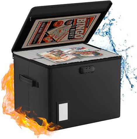 Boîte de rangement ignifuge pour documents et bandes dessinées, 39,5 x 38 x 29 cm, grande boîte pliable avec verrou, conteneur robuste pour magazines, journaux et dessiner