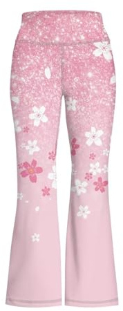 Rweroyiu Girls Yoga Pants Size 7-8 Pink Cherry Blossoms Flare Leggings for Girls Youth Compression Pants Kids Athletic Yoga School Warm Pants with Pockets High Waist