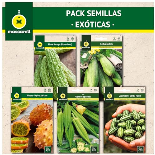 Mascarell Semillas, PACK SEMILLAS EXOTICAS, Kit Huerto en Casa. Fácil de Cultivar, Contiene Cucamelon, Kiwano, Melón Amargo, Okra y Luffa.