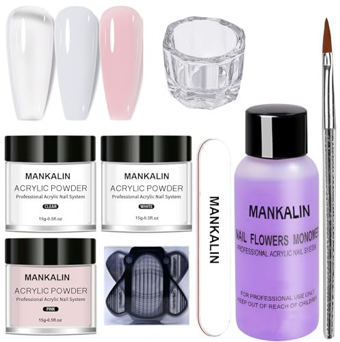 Acrylic Powder and Liquid Nail Extension Kit - 3 Colors Set with Art Brush, Forms, Glass Cup, File for Beginners