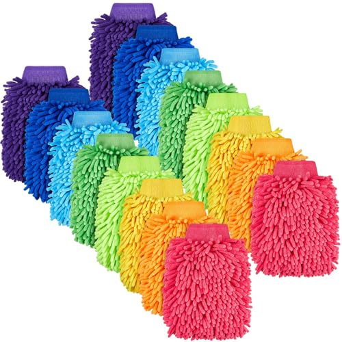 Toulite 16 Pcs Car Wash Mitt Chenille Microfiber Wash Mitt Double Sided Glove Cleaning Drying Mitts (5.91 x 9.06 Inch,Bright Colors)