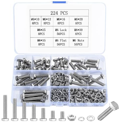224 Pcs M6 Bolts and Set, Flat Hex, M6 Hex Bolts Sets, Metric Assorted Nuts and Assortment, Outer Hexagon Machine Screws and Nuts and Flat Washers & Lock Washers, Bike