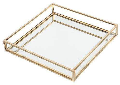 HOLIDYOYO Brass Border Vanity Tray 6.1 Inch Glass Organizer for Jewelry Perfume Makeup Storage Decorative Tray for Bathroom Bedroom Dresser