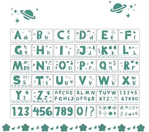36 Stück Buchstaben Schablonen Set 17 8 x 11 4 cm Wiederverwendbar aus Kunststoff mit Groß und Kleinbuchstaben Zahlen Ideal für Kinder Airbrush Holz DIY und Basteln