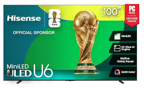 Hisense 100 Class U6 Series Mini-LED 4K UHD Smart Fire TV (100U65QF, 2025 Model) - QLED, Native 144Hz, HDR10+, Dolby Vision IQ, Dolby Atmos, Game Mode Pro, ALLM, Alexa Built in, Black