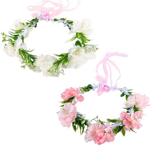 MUNSKT 2 Pcs Couronne Fleurs Cheveux Bohème - Couronne de Rose et Blanc - Magnifiquement Travaillée