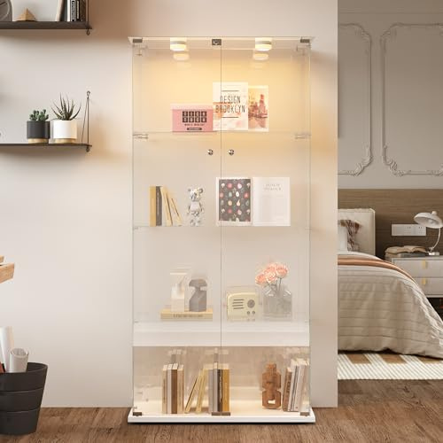 Vitrina de vidrio de 4 capas con luz LED y 2 puertas, vitrina de vidrio templado con cerradura, vitrinas de colección independiente, estantería para sala de estar (Blanco, 4 Capas 2 Puertas-A)