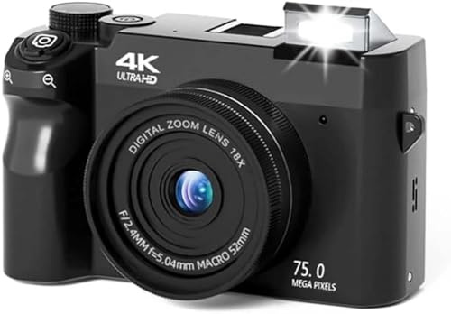 Zoomix Digital Camera, Cámara Digital 4K De 75 MP, Cámara Compacta con Zoom Digital De 18X, Pantalla LCD De 3 Pulgadas Y Cámaras Duales Delantera Y Trasera(Black+64G)