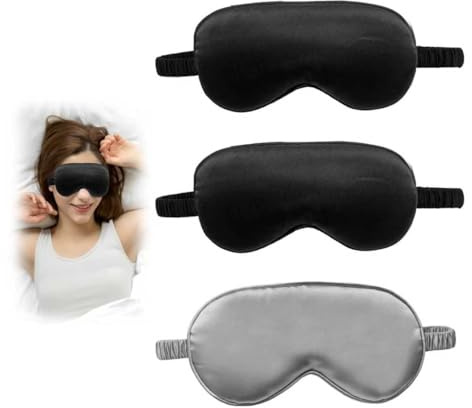 PEKLLOCY Pack de 3 máscaras de seda para dormir – Cubierta suave para ojos, bloqueo de luz, correa ajustable para viajes y sueño profundo, cómodo y amigable con la piel, gadgets de viaje (negro y gris