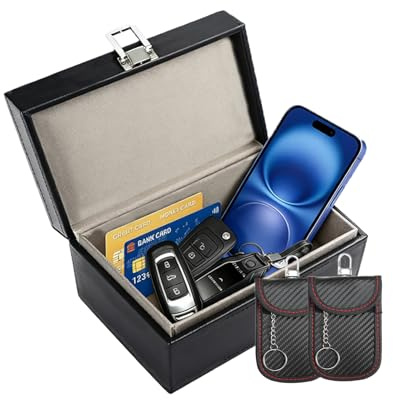 QIDESHENG Keyless Go skydd bilnyckelslåda – 19 x 12 x 9 cm stor faraday box & 2 faraday bag för bilnyckelskydd premium läder anti-stöld RFID-signal blockerare nyckellåda