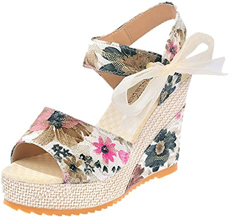 ZTFYKLIN Sandalias Mujer Verano Negro Fashion Cuñas Zapatos Lace Plataforma De Flores Femenina Footwear Ladies Femeninas Hot Pink, 38 Cuero Marron Zapatillas Ortopedicas Doradas Blancas Negras