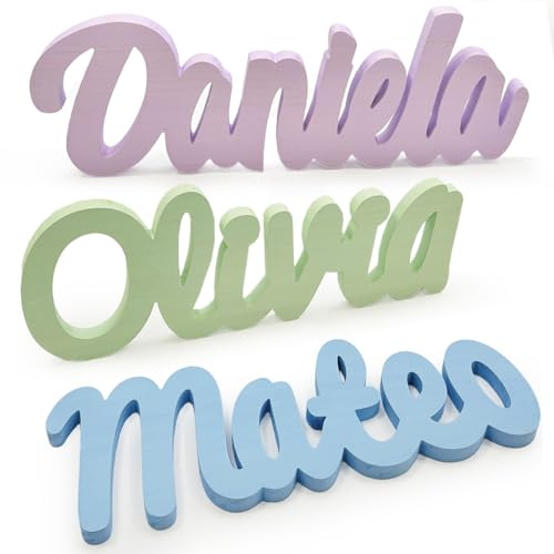 Nombre personalizado en madera maciza de pie | Decoración sobremesa bebé y eventos | Nombre decorativo para estantería, mesa o escritorio | Regalo de nacimiento original (Nombres de 6 letras)