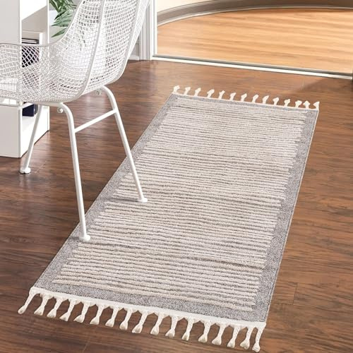carpet city Teppich Läufer Flur Mocca - 80x300 cm Rund - Scandi-Stil Gestreift Meliert - Kurzflor Teppiche Modern - Fransenteppich Tricolor Soft&Weich - Flachflor Schlafzimmer