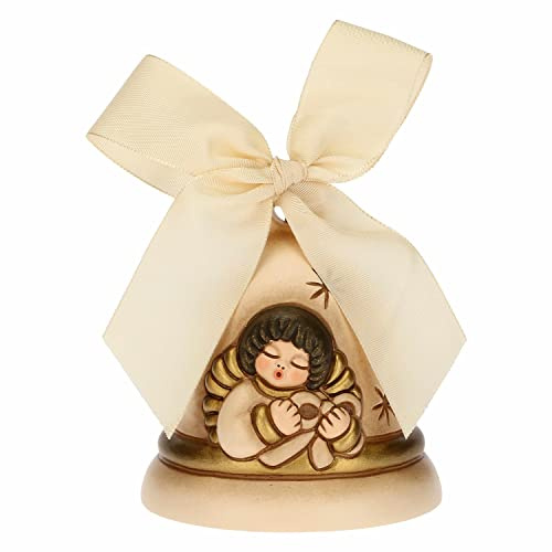 THUN - Campanella Oro Limited Edition 2021 con Angelo - Ceramica e Nastro d'Organza - Linea Natale - Living, Arredare la Casa - Ø 7 cm; 8 cm h; Nastro Beige 45 cm