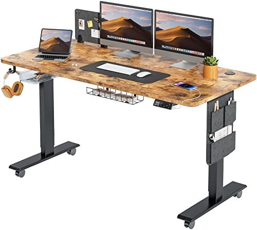 MAIDeSITe Electric Standing Desk Height Adjustable Standing Desk Sit Stand Desk Stand Up Desk with Drawer and 140 * 70cm Desktop for Home Office, Black Frame+ Vintage Desktop