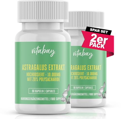 Vitabay Astragalus Kapseln Hochdosiert 10.000mg - 180 Vegane Kapseln Astragalus Extrakt aus der Wurzel - Tragantwurzel Membranaceus mit 20% Polysaccharide - Laborgeprüft